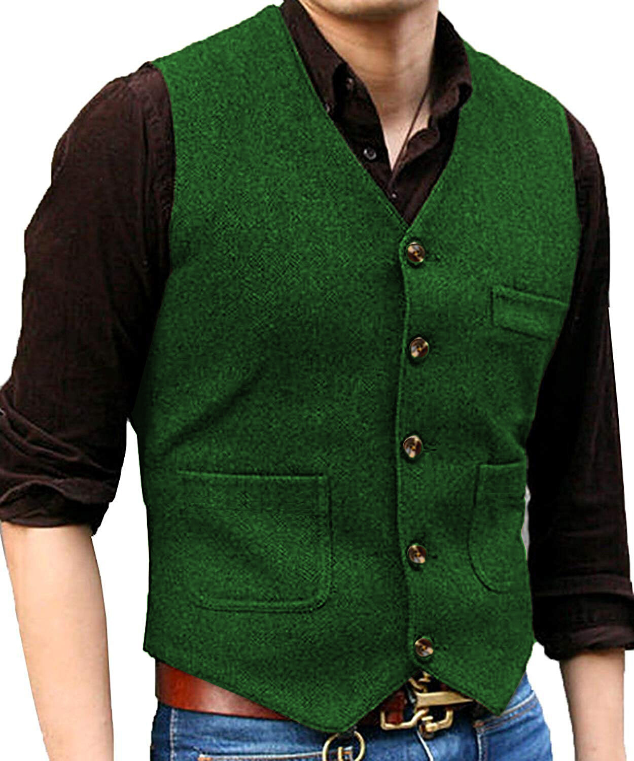 Men Suit Herringbone Waistcoat Tweed Vest Wedding Vintage Wool Groomsman Hunting
