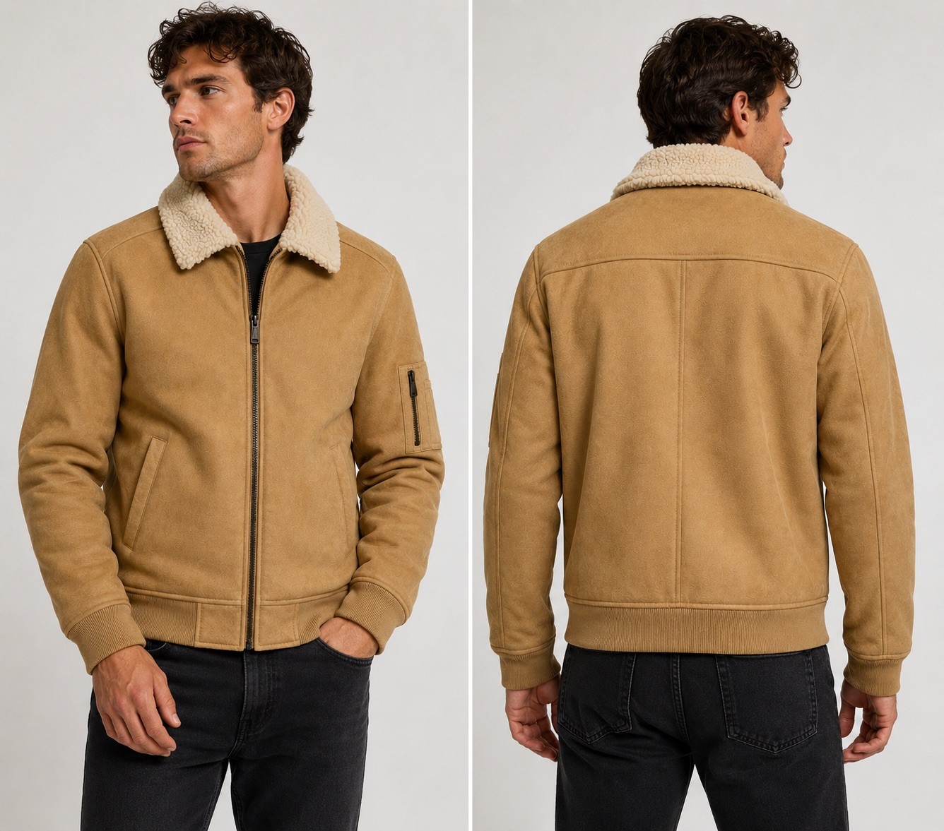 Men’s Large Sherpa Collar Faux Suede Bomber Jacket Full Zip Casual Western Coat