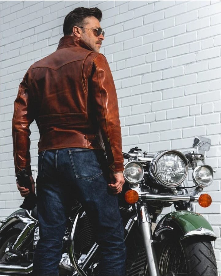 Men’s Vintage Burnt Sienna Brown Cowhide Leather Jacket Cafe Racer Biker Jacket
