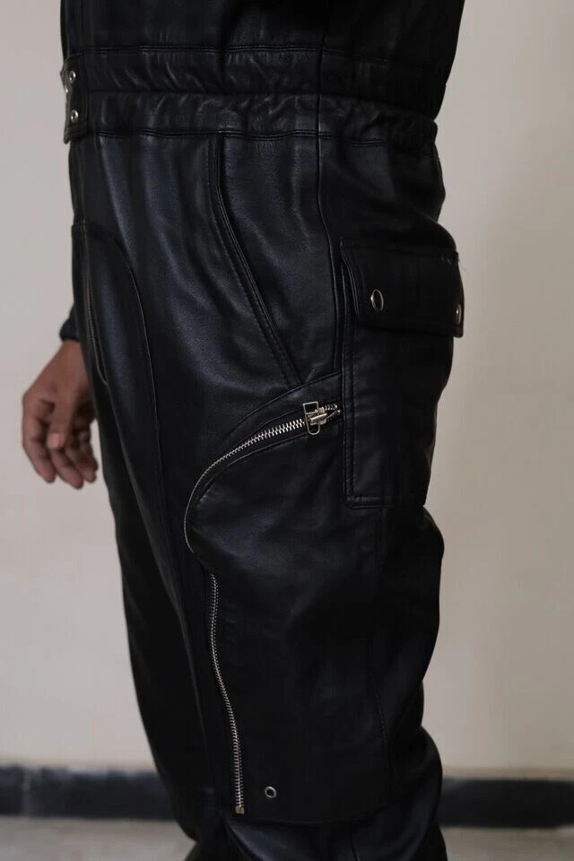 Men’s Black Cowhid Leather Jumpsuit-Handmade Zip-up One-Piece Outfit With Pocket