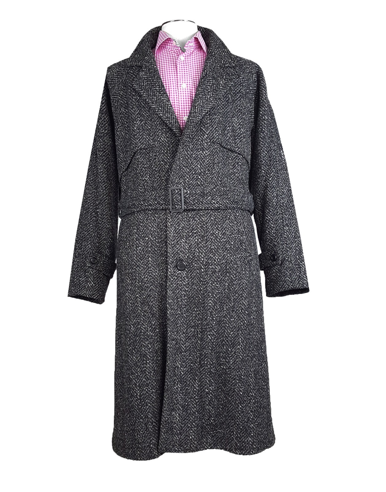 Herringbone Tweed 38R Unstructured Belted Overcoat Black Gray VTG Unstructured