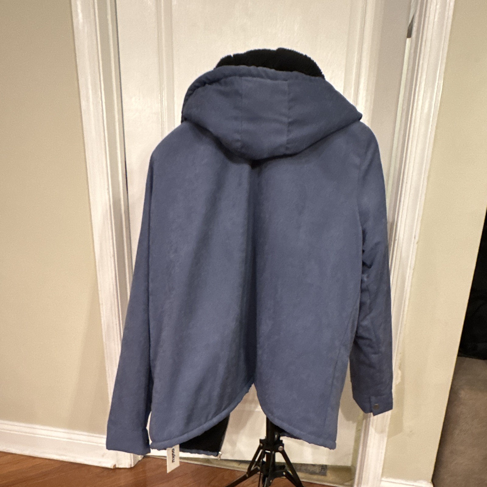 Men’s XL Blue/Black Hooded Lined Zip Overcoat Jacket Short Length Solid