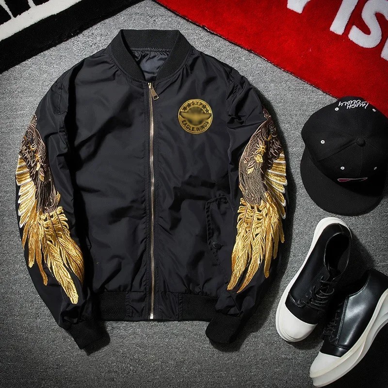 Luxury Men’s Eagle Wings Embroidery Bomber Jacket Hip Hop Streetwear Pilot Coat