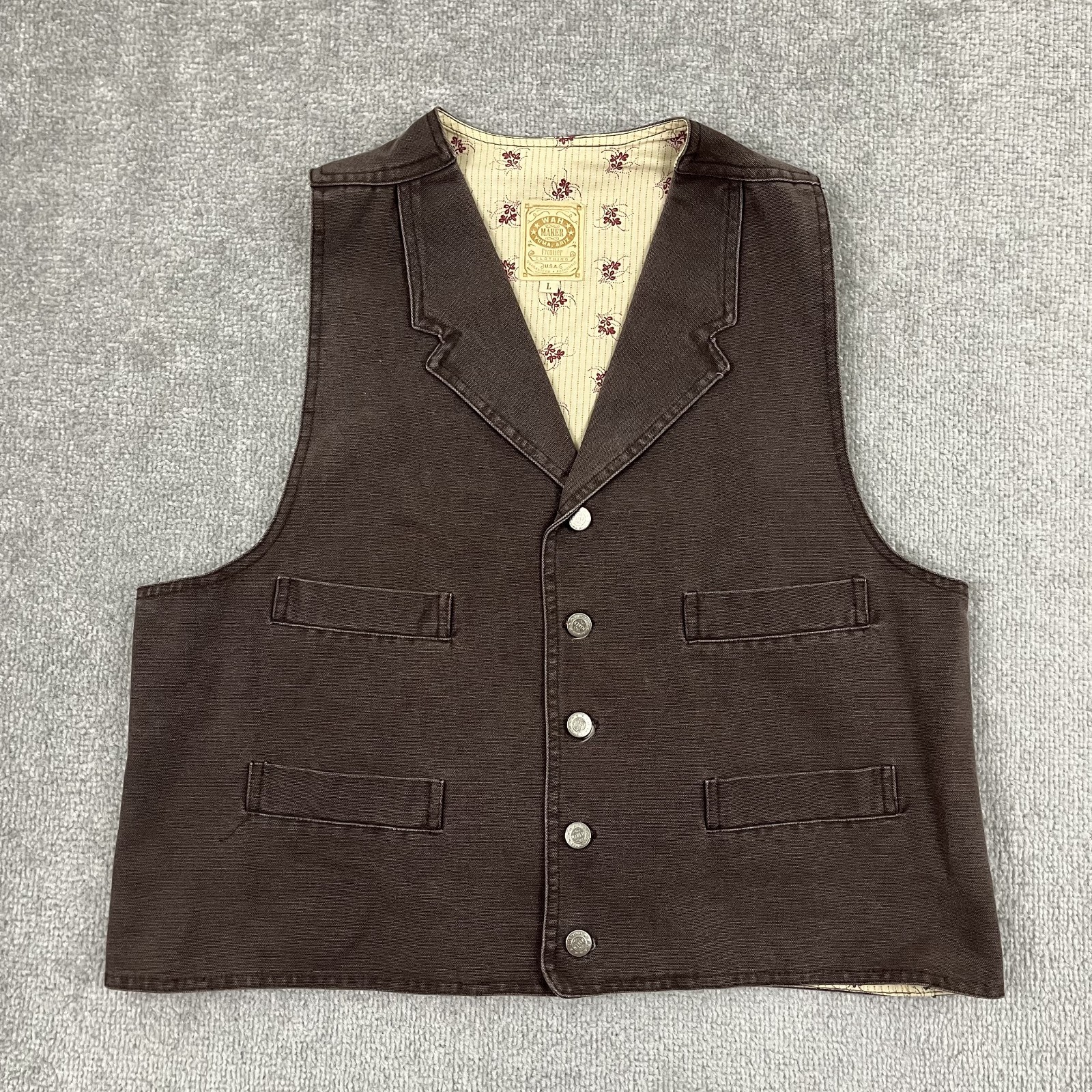 Wah Maker Vest Adult Men Large Brown Canvas Western Cowboy Rodeo Buckle Back USA