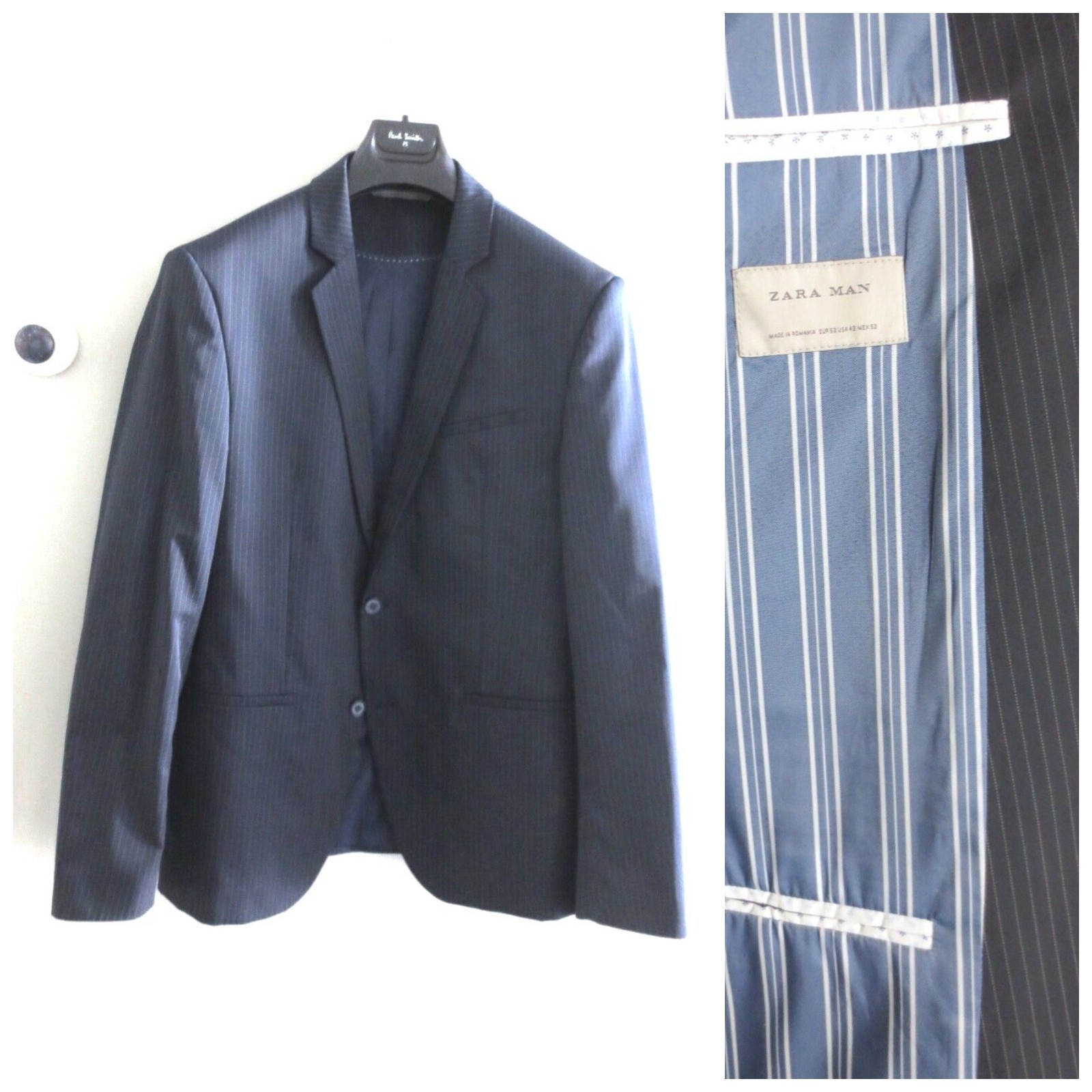 NWOT ZARA MAN PINSTRIPE SUIT JACKET BLAZER NAVY BLUE Sz-42