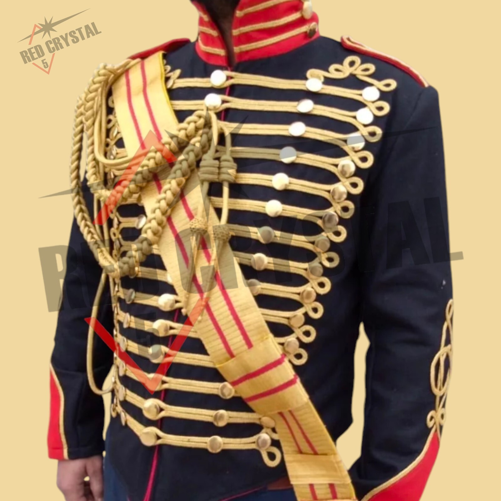 New Black General Men’s Hussar Custom Made Ceremonial Gold Braiding Wool Jacket