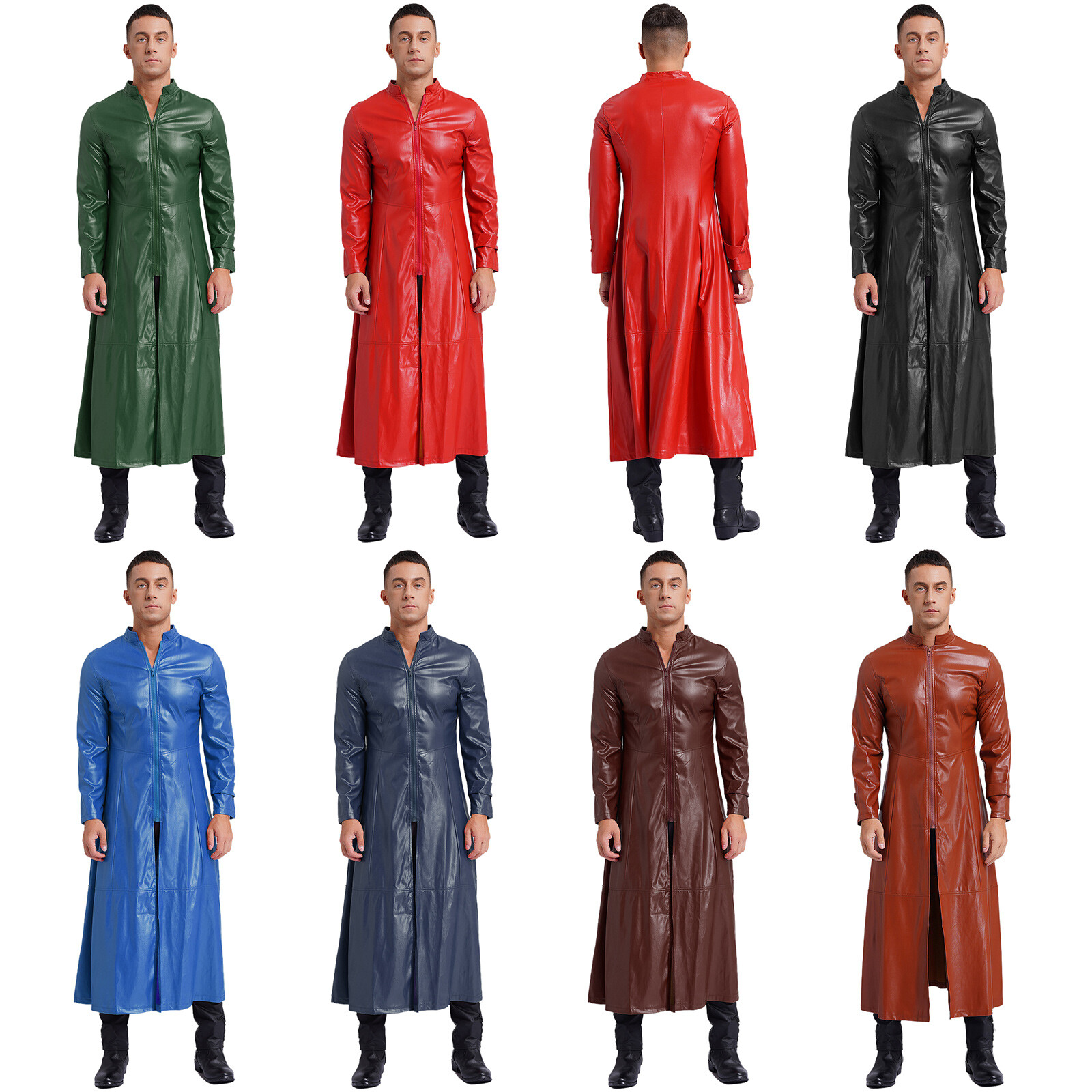 Mens Windproof Jackets Driving Faux Leather Trench Coat Street Look Long Coat