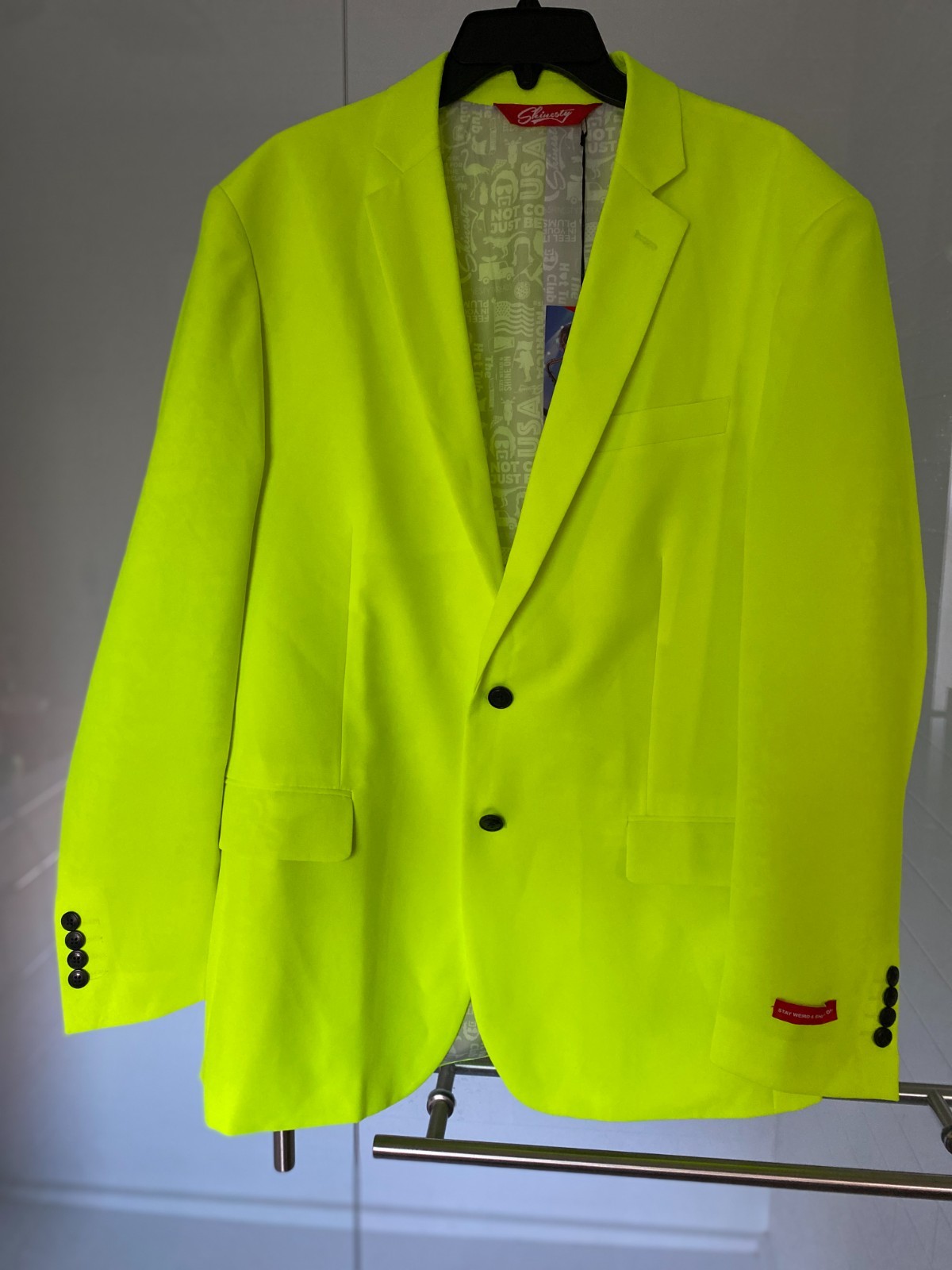 NEW SOLD OUT SHINESTY NEON yellow “STAY WEIRD & SHINE ON” MENS SUIT 44 Pant33/34
