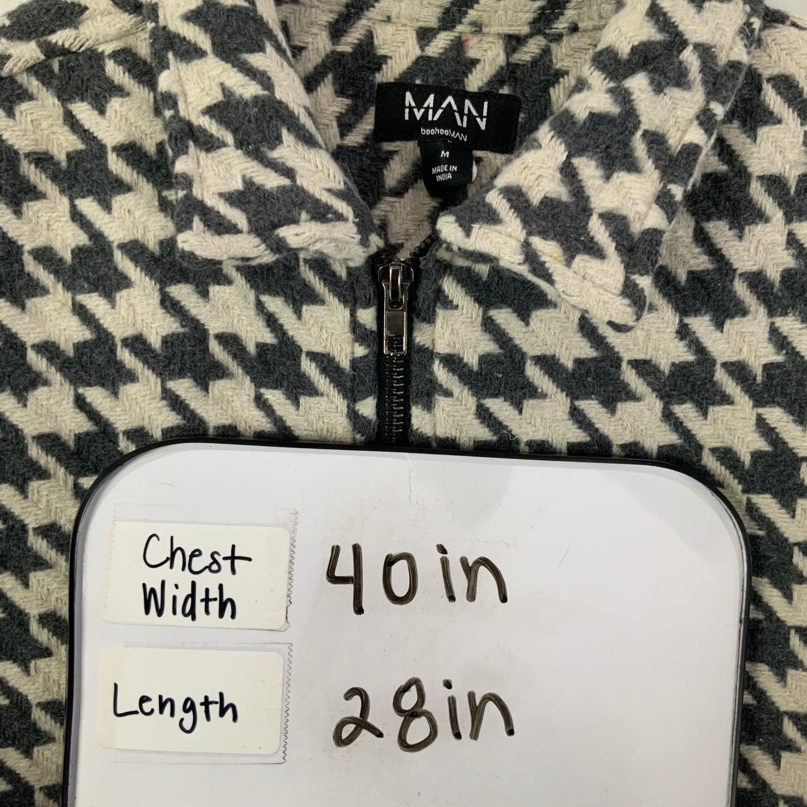 BoohooMan Houndstooth Full Zip Jacket Mens Size Medium Collared Casual Outerwear