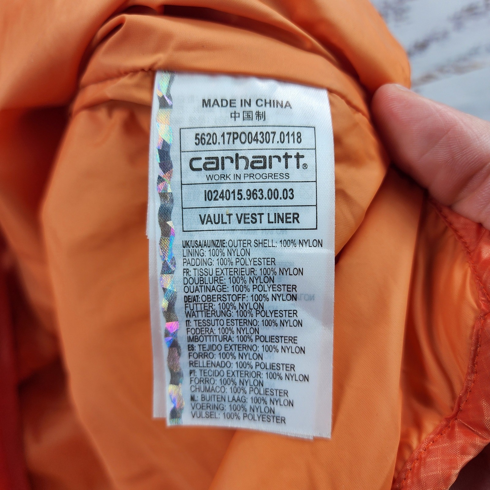 Carhartt WIP Vault Vest Liner Men’s XXL Jaffa Orange Quilted Nylon NWT