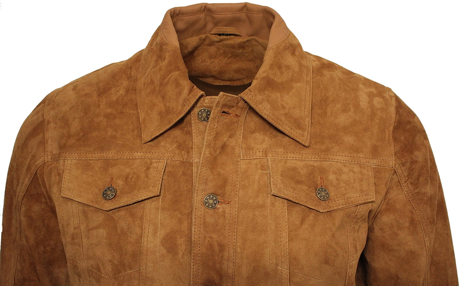 Men’s Trucker Casual Tan Goat Suede Leather Shirt Jeans Jacket