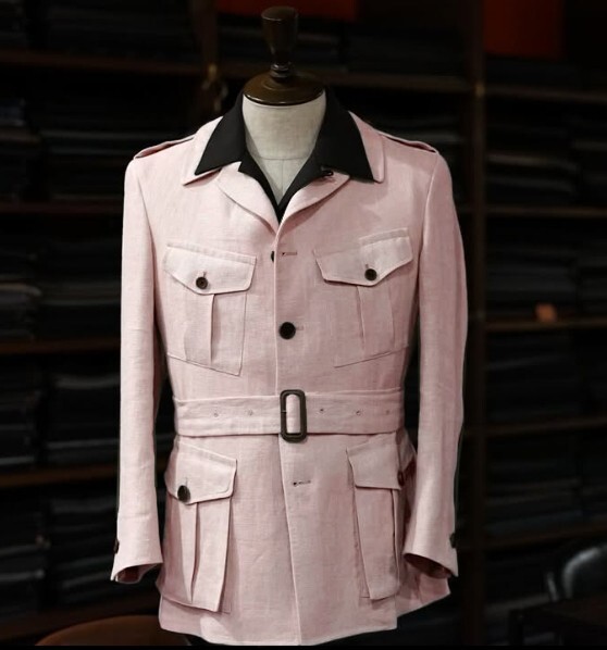 Linen Mens Safari Jacket with Belt British Style Casual Coat Summer Beach Blazer