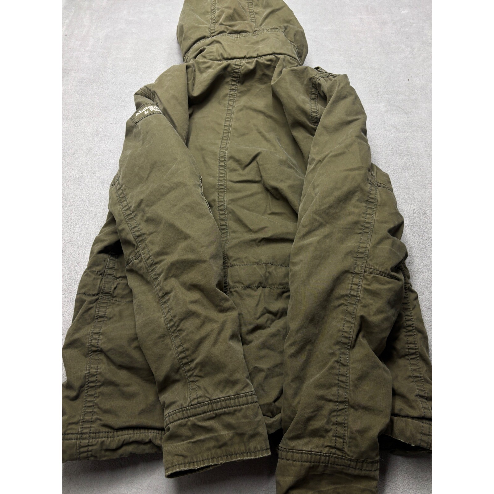 Abercrombie & Fitch Mens XL Olive Green Red Quilted Hooded Field Military Jacket