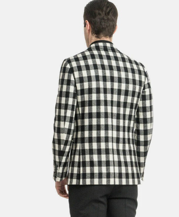 Black and White Check Mens Blazer Plaid Casual Business Slim Workwear Tuxedos