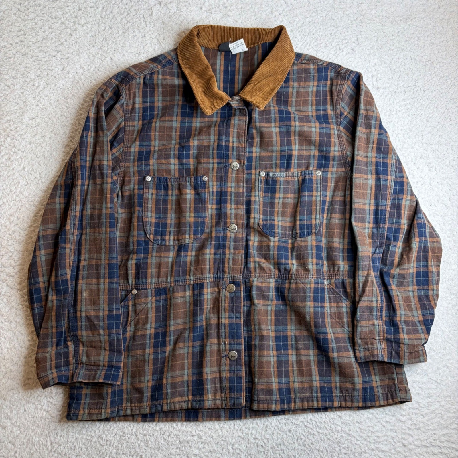 80s Lee Riveted Plaid Chore Coat Brown Blue Corduroy Collar XL Made in USA