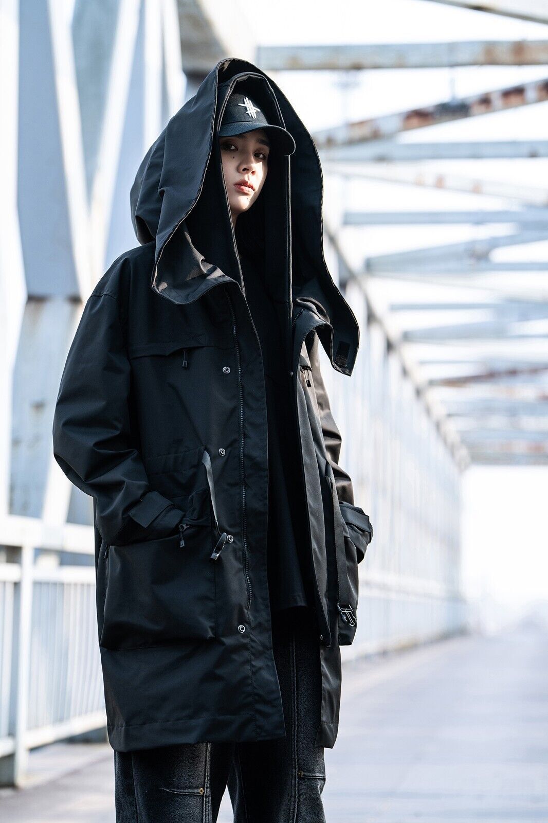 Niepce Streetwear Fashion Black Oversized Cargo Jacket Cyberpunk Trenchcoat