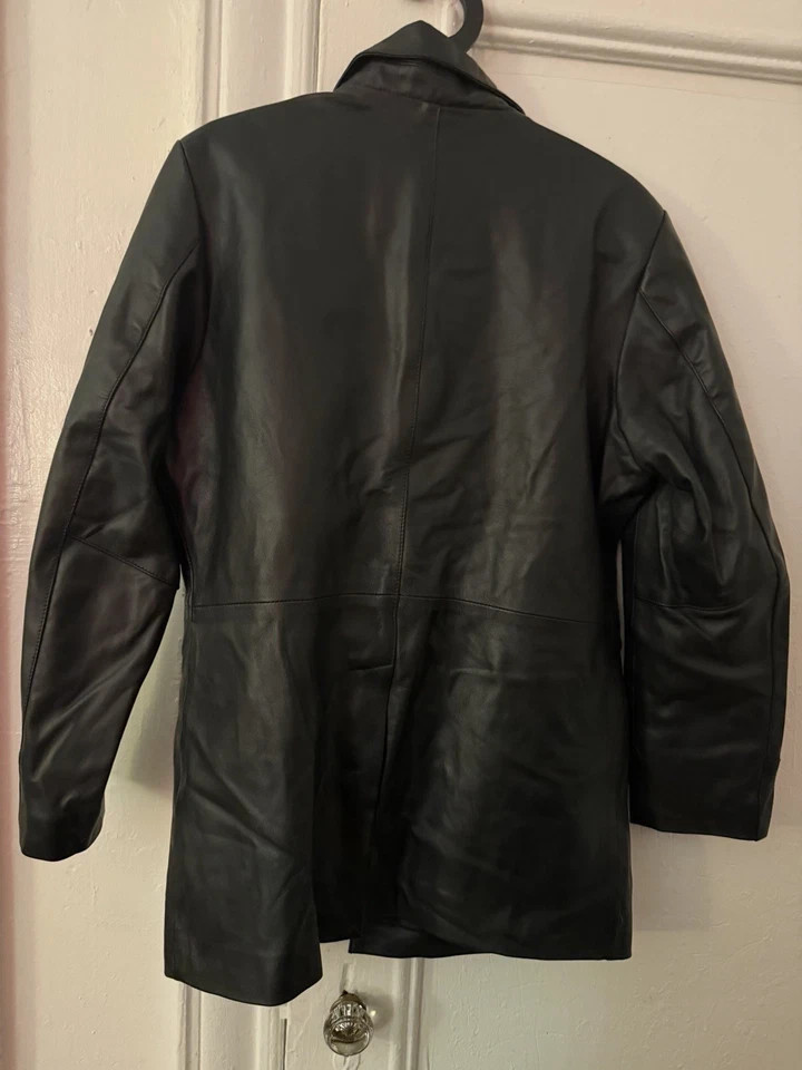 Men’s Black Genuine 100% Leather Long Trench Coat (Chest48″/Length35″/Sleeve25″)