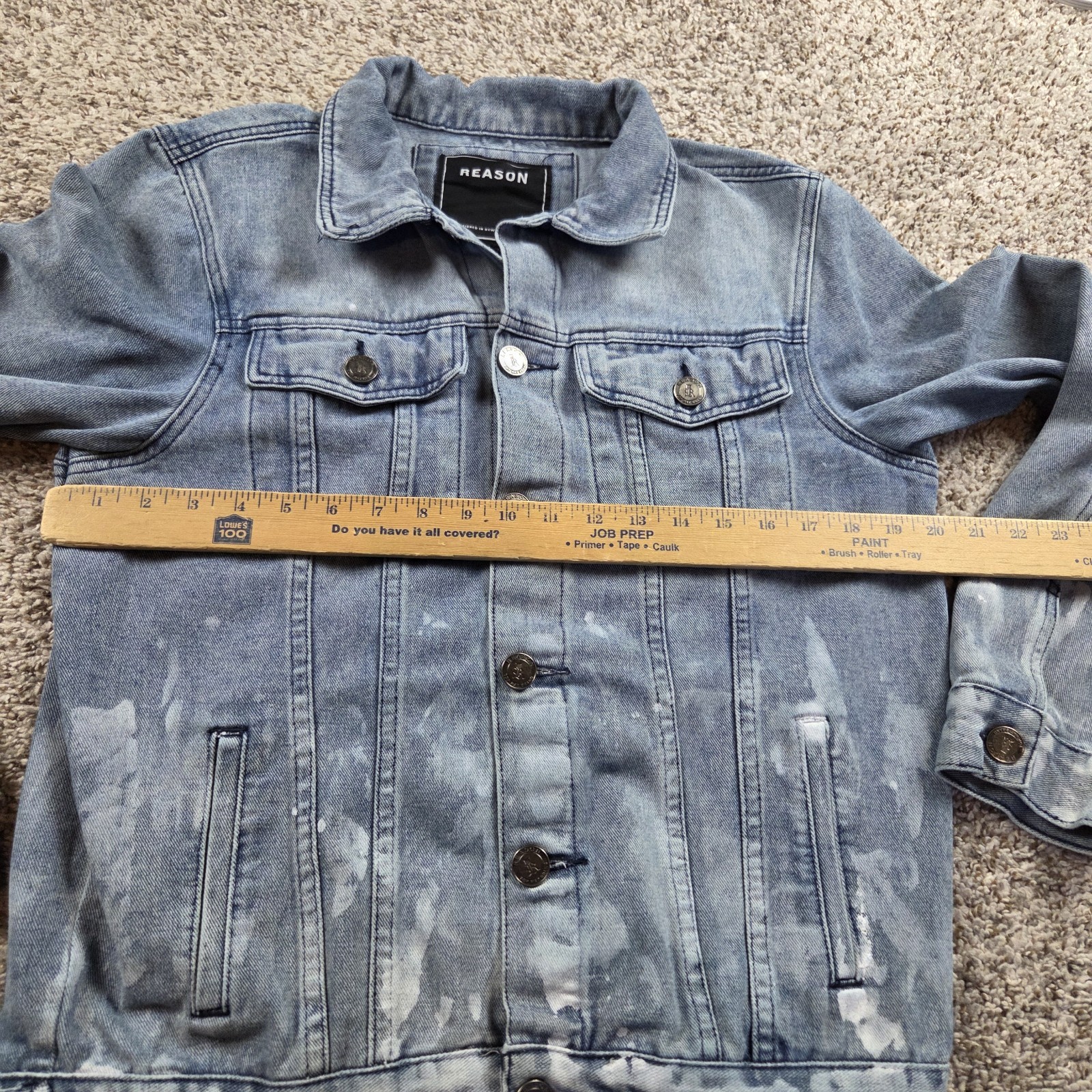 REASON Denim Jacket Mens Medium Distressed Splatter Acid Urban Streetwear