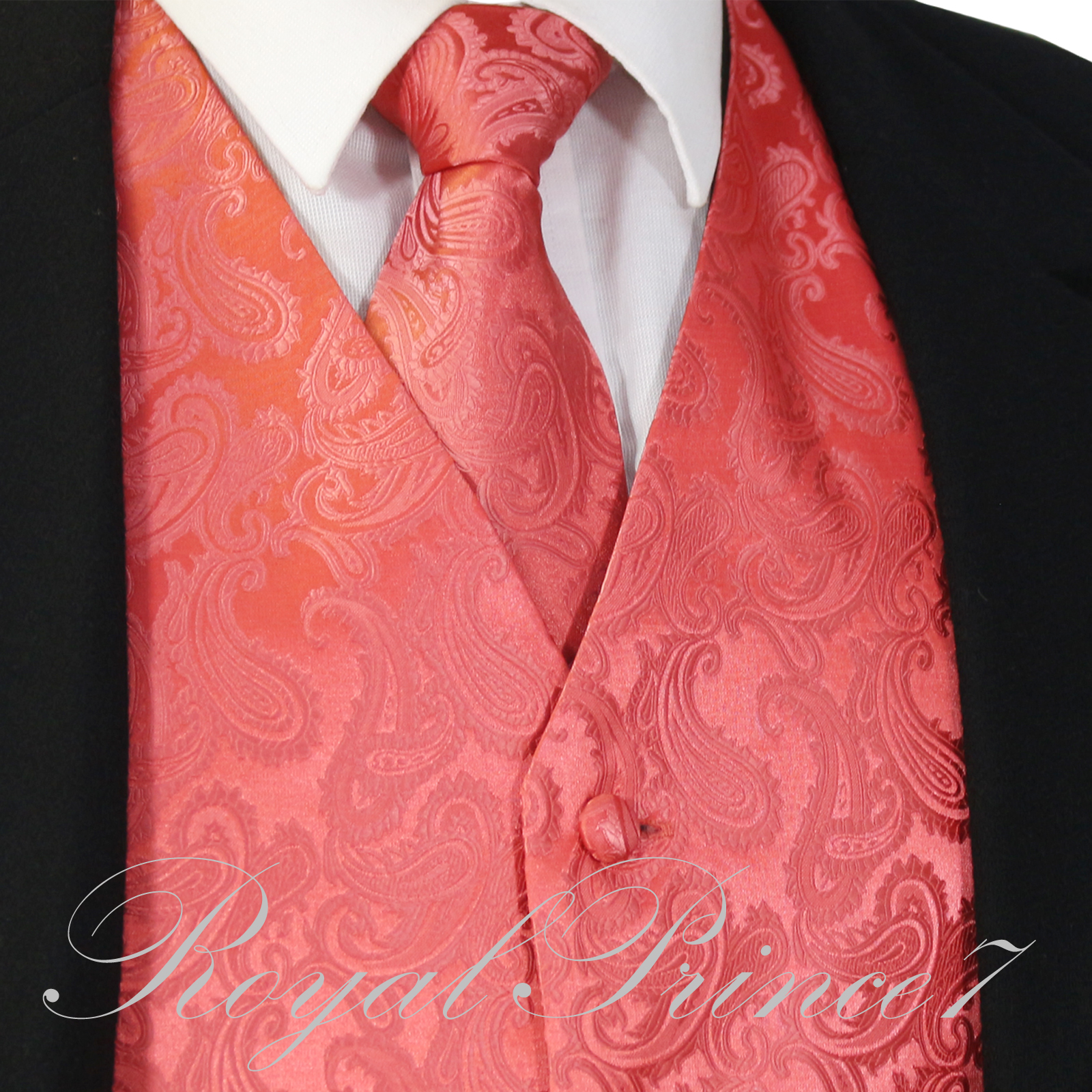 20-II CORAL XS to 6XL Paisley Tuxedo Suit Dress Vest Waistcoat & Neck tie Prom