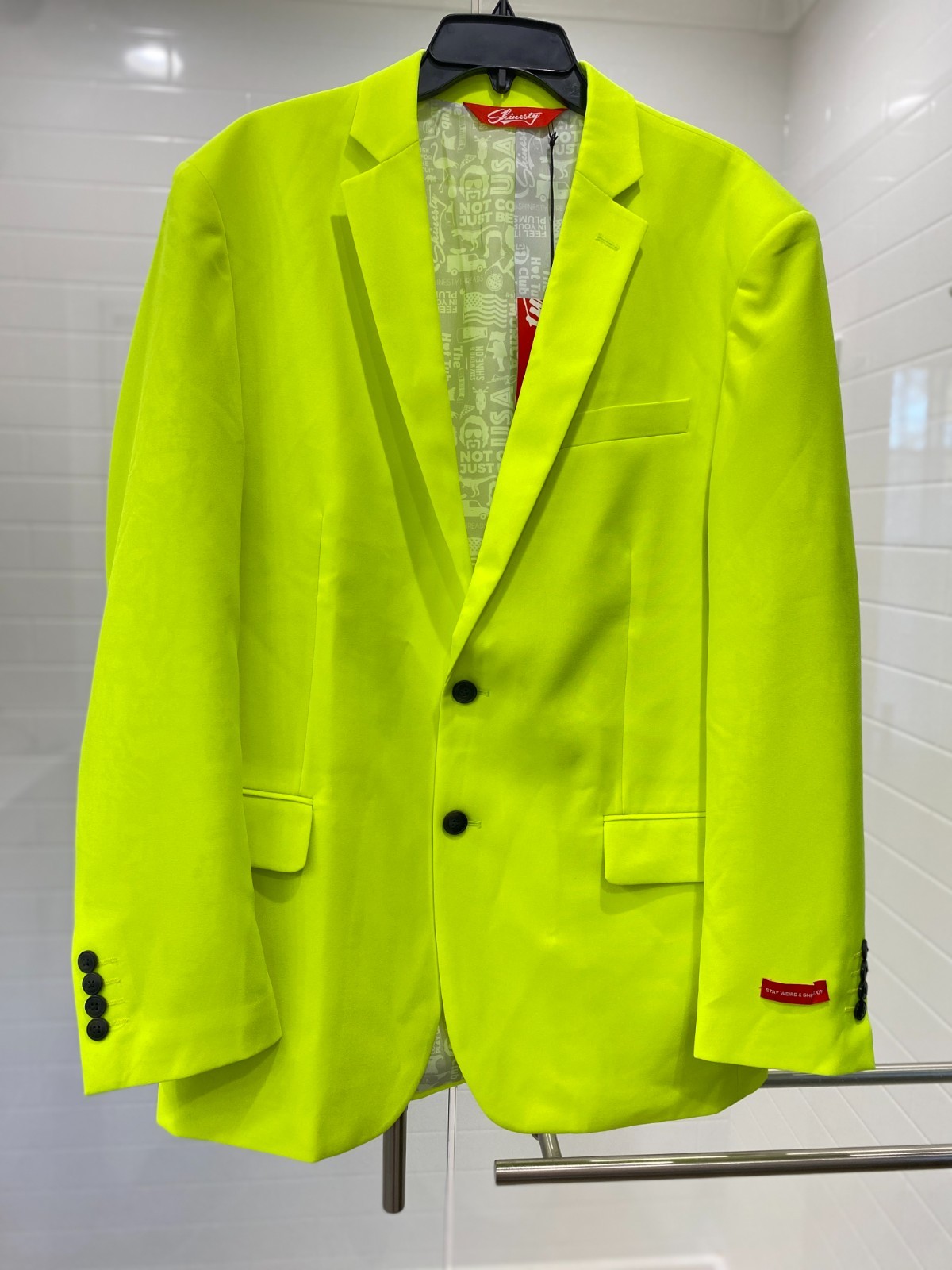 NEW SOLD OUT SHINESTY NEON yellow “STAY WEIRD & SHINE ON” MENS SUIT 44 Pant33/34