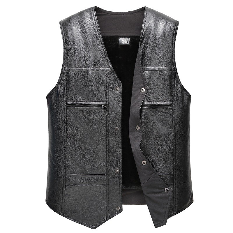 Mens Black Leather Vest Warm Biker Motorcycle Waistcoat Autumn Winter PU Vest