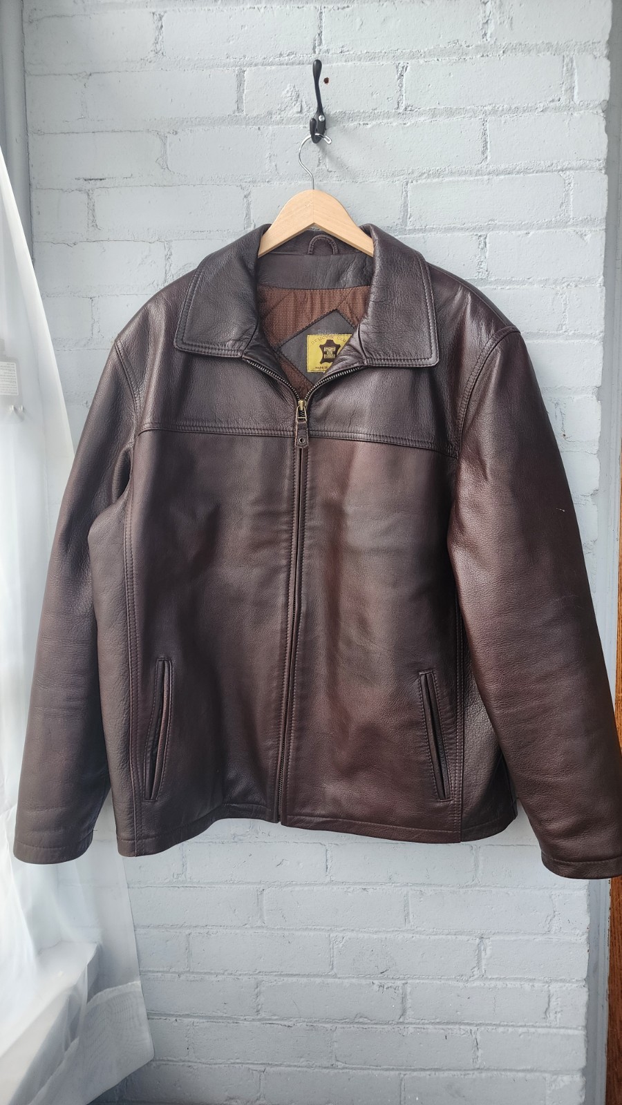 Designer Club Men’s Brown Leather Zip-Front Jacket Lined Spread Collar Size 60