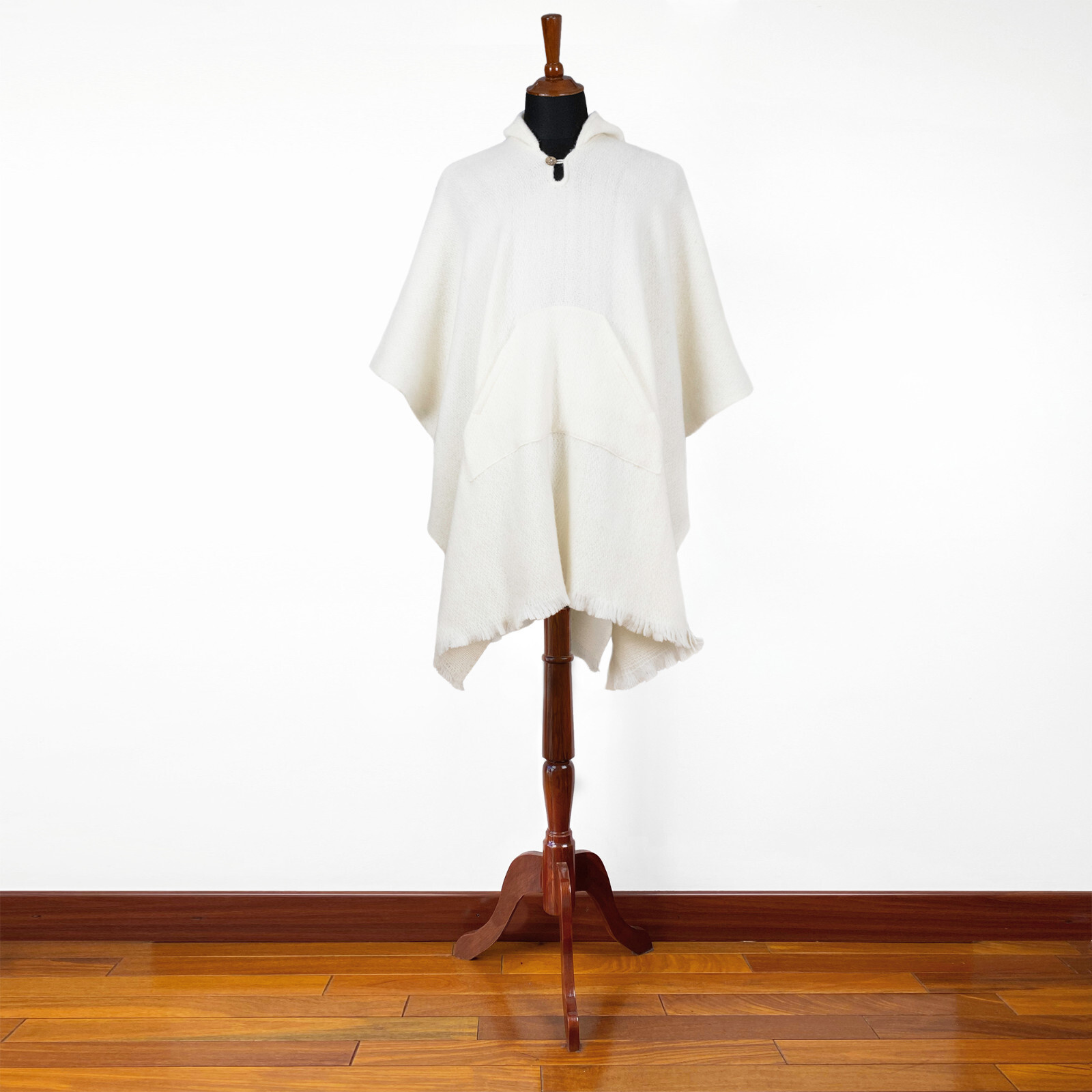 LLAMA WOOL WHITE MENS UNISEX LADY JEDI CAPE PONCHO JACKET WITH POCKET OTAVALO