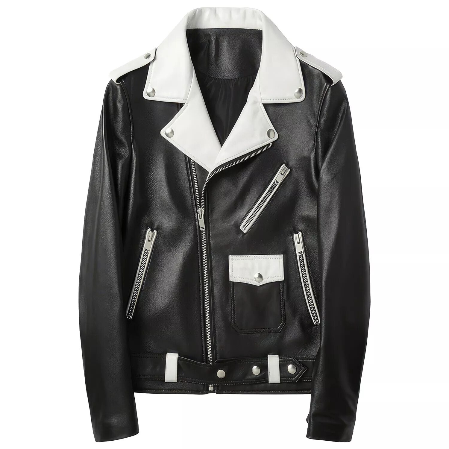 Mens Biker Genuine Sheepskin Black White Lapel Collar Asymmetric Leather Jacket