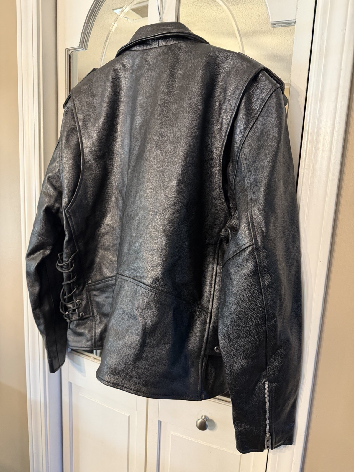Men’s Black Biker Jacket XL Lined Lace-Up Accents Zip Button Mid-Length