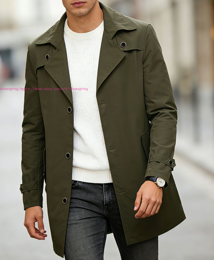Mens Trench Coat Single Breasted Jacket Lapel Collar Windbreaker Casual Overcoat
