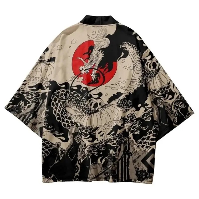 Japanese Kimono Cardigan Jacket Anime Dragon Print Haori Yukata Open Front Top