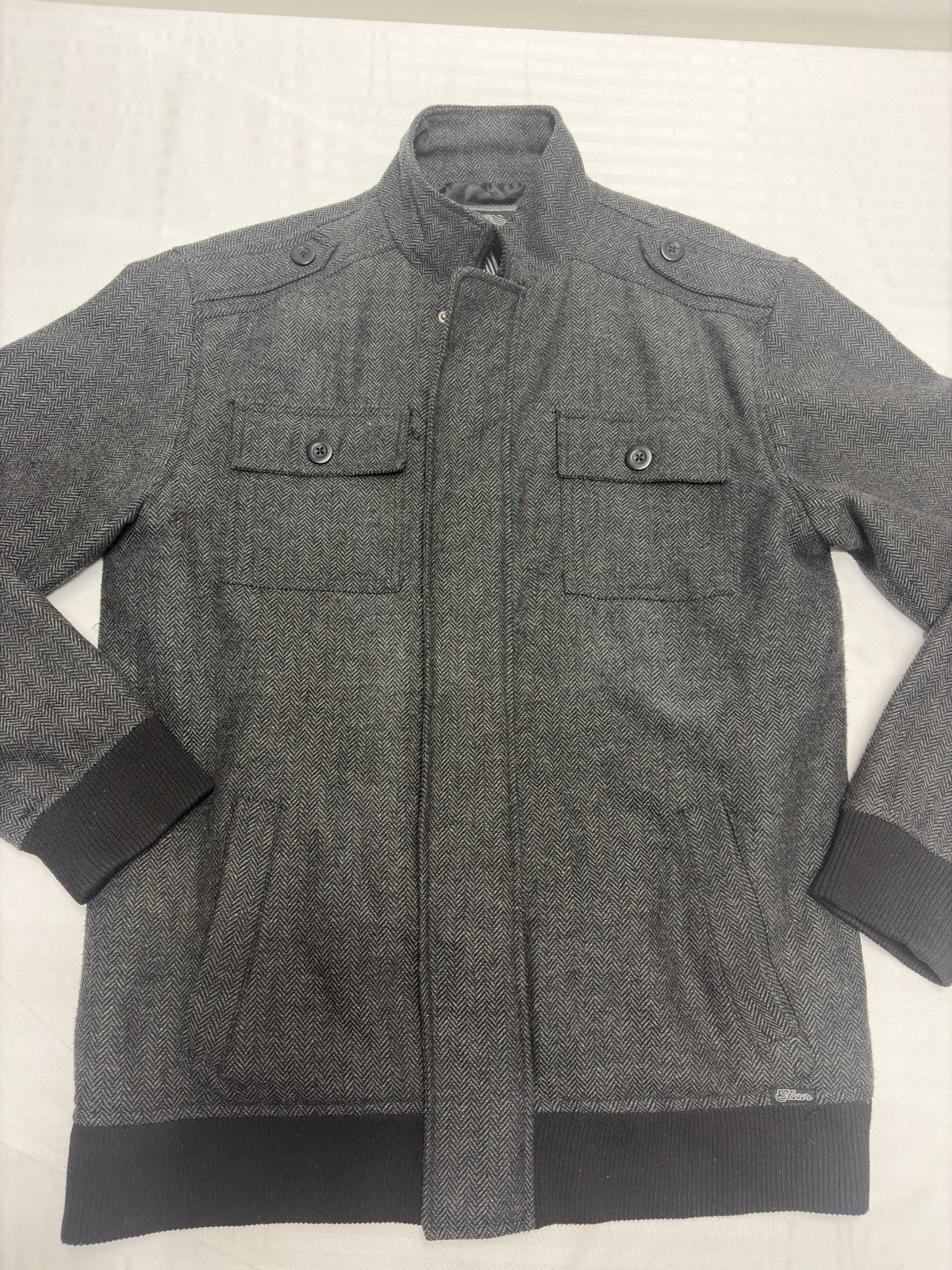 Y2k Elixir Jacket XL Gray tweed full Zip Button Insulated Lining pockets Aviator