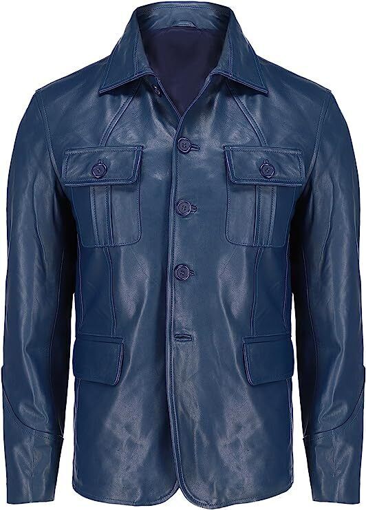 Men’s Blue Leather Blazer 100% Real Lambskin Four Button Classic Jacket Outwear