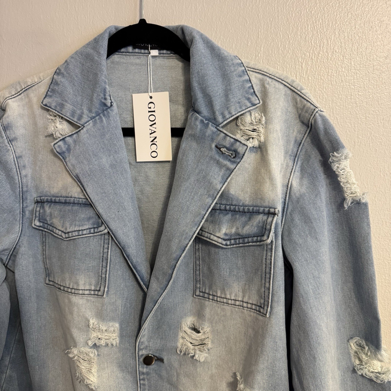 Mens Giovanco Casual Lapel Collar Single Breasted Ripped Denim Raw Trim Jacket S
