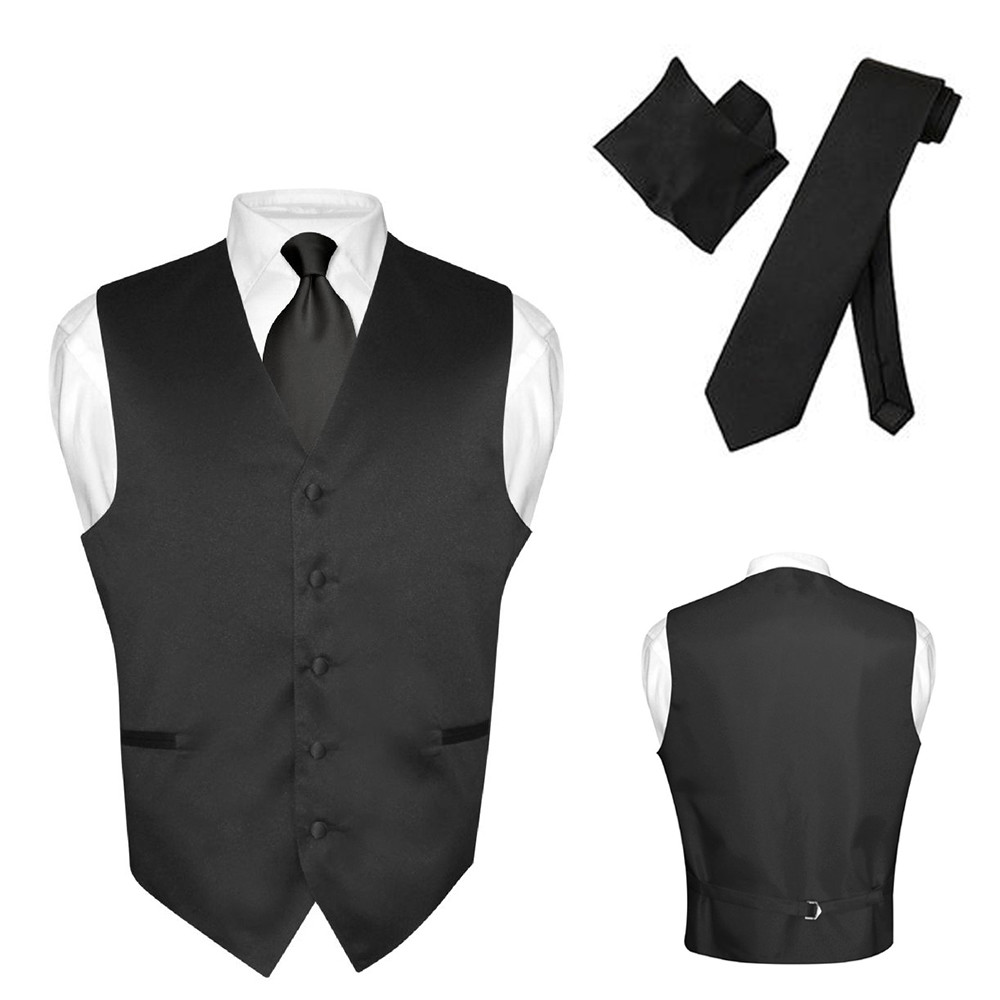Men’s Dress Vest NeckTie Hanky Solid BLACK Color Neck Tie Set for Suit or Tuxedo