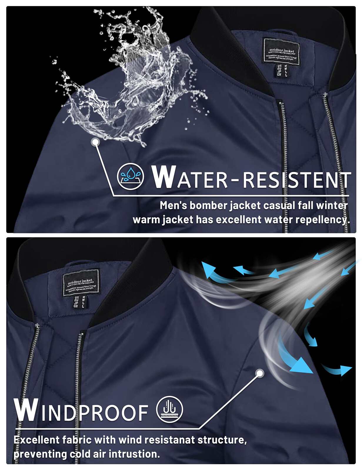 Mens Bomber Jackets Casual Winter Warm Windbreaker Full Zip Padded Lined Outwear