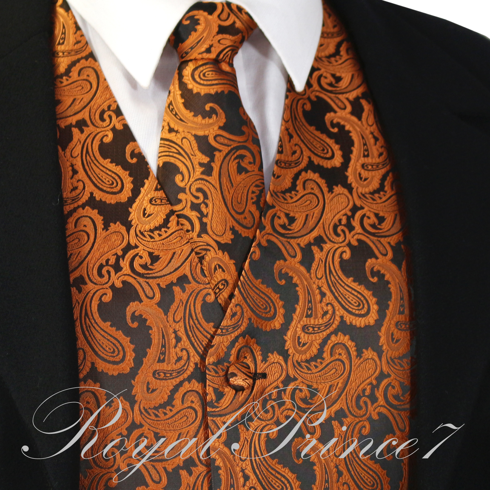 Rust Orange XS to 6XL Paisley Tuxedo Suit Dress Vest Waistcoat & Neck tie Prom