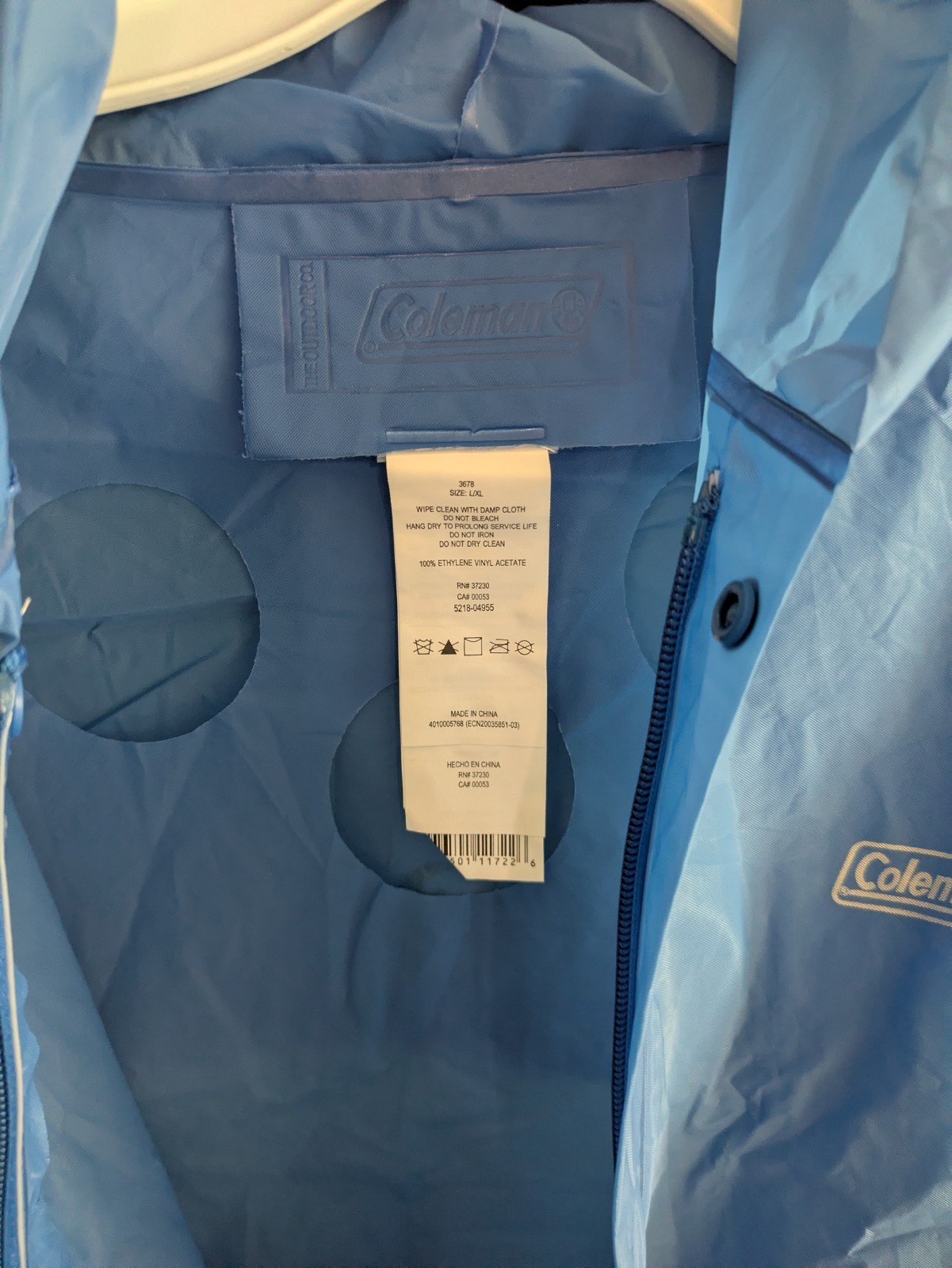 Coleman Adult Eva Rain Jacket w/hood size L/XL- Blue