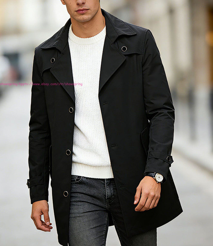 Mens Trench Coat Single Breasted Jacket Lapel Collar Windbreaker Casual Overcoat
