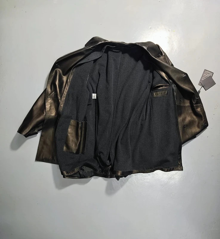 Opifix – Double-Breasted Black Leather Coat – Made in Italy – Size 48