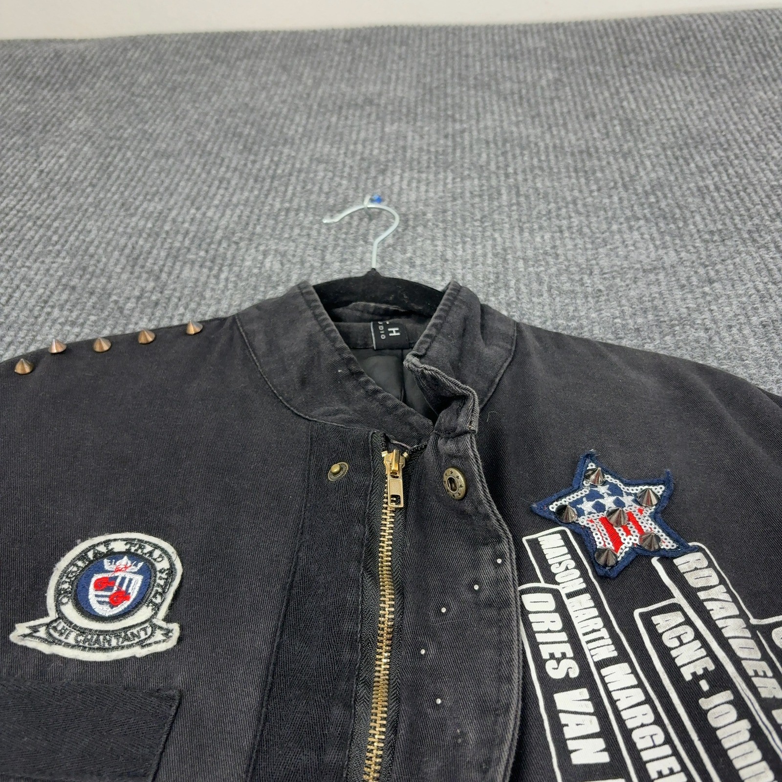 H Studio Long Jacket Men XL Black Cotton Blend Studded Patchwork Punk Goth Style