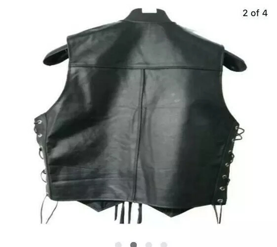 Men’s Black Leather Fringed Concho Chain Vest Motorcycle Biker Size XS to 5XL