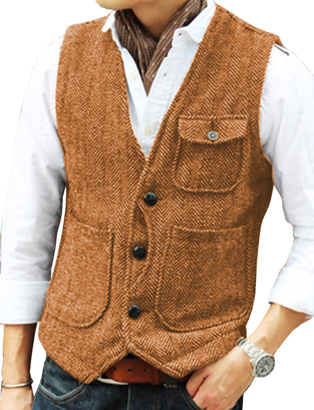 Mens Button Down Herringbone Tweed Vest Regular Fit Vintage Wedding Business Top