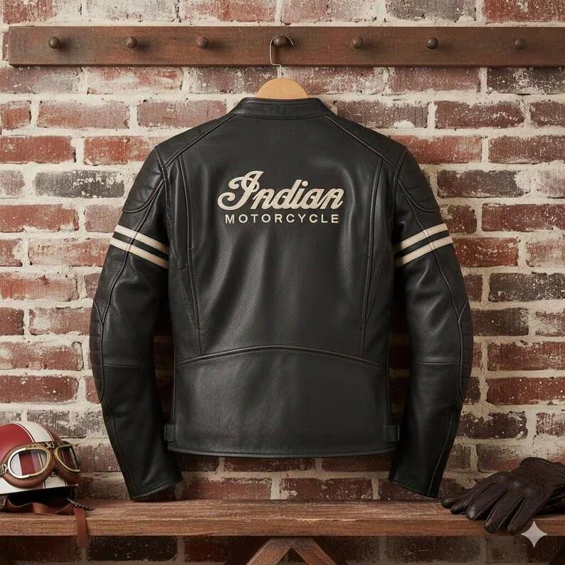 Men’s Black Indian Bomber Motorcycle Biker Jacket – Genuine Cowhide Leather