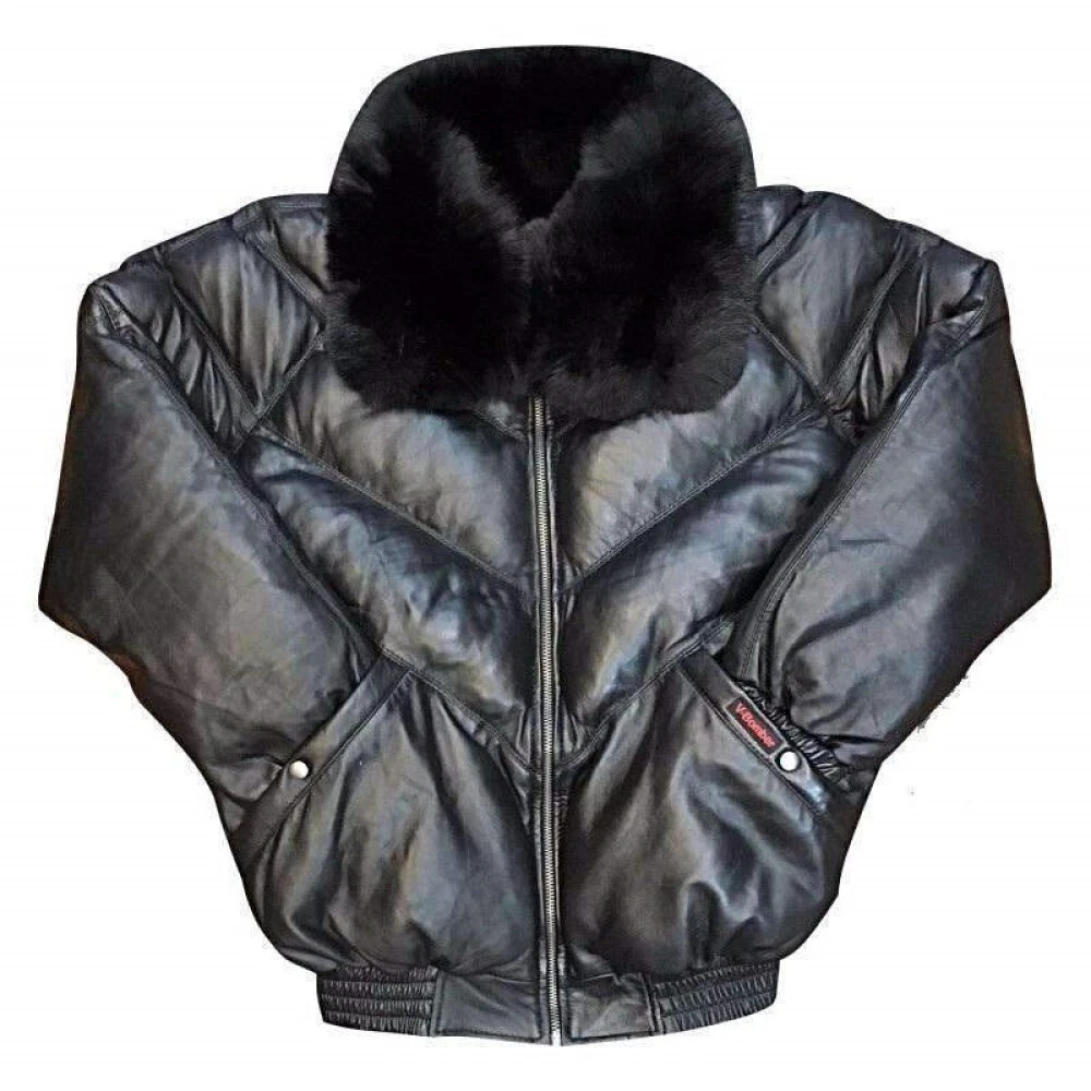 Men’s V Bomber Quilted Puffer Black Real Leather Winter Jacket Fur Collar