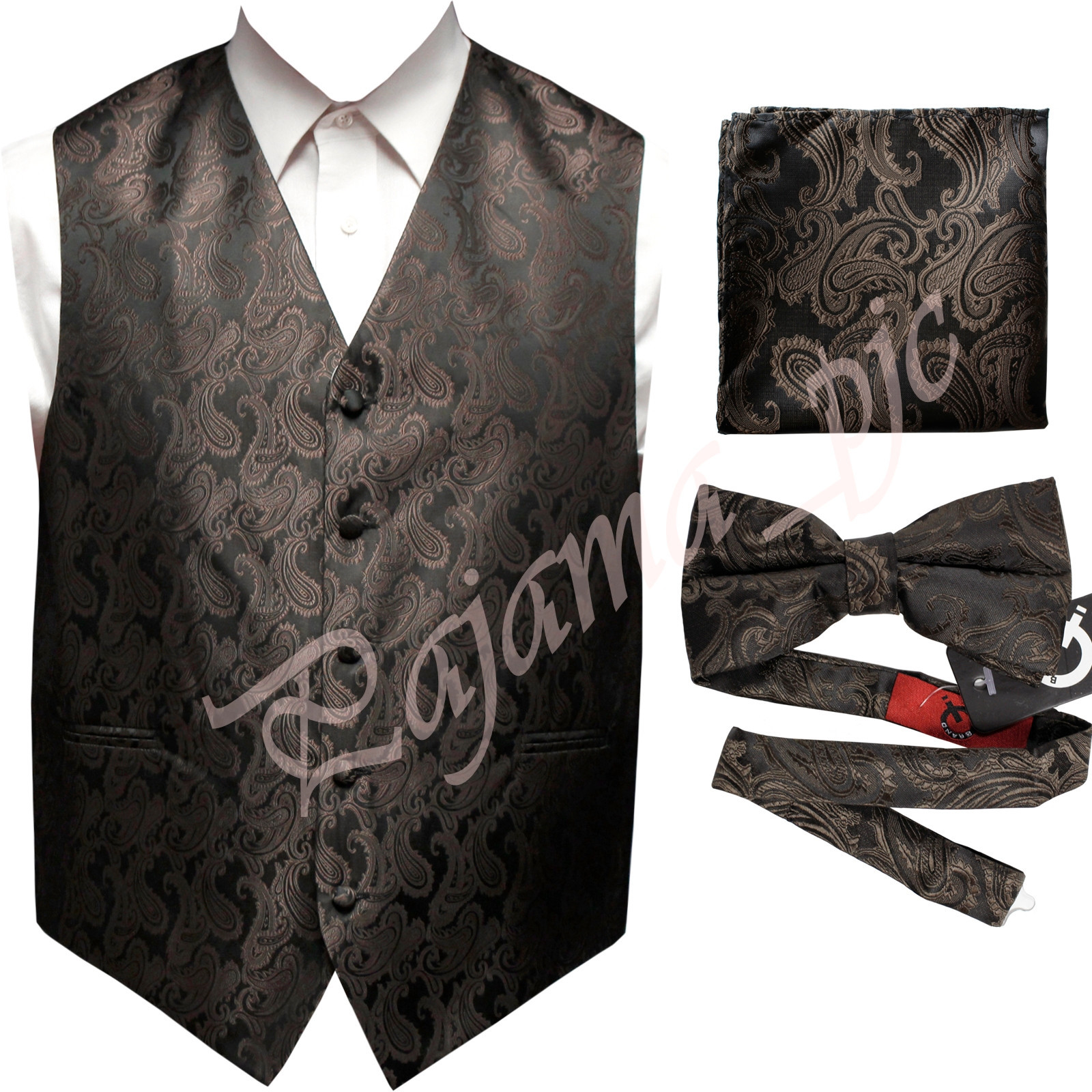 BROWN XS to 6XL Paisley Tuxedo Suit Dress Vest Waistcoat & Bow tie Hanky