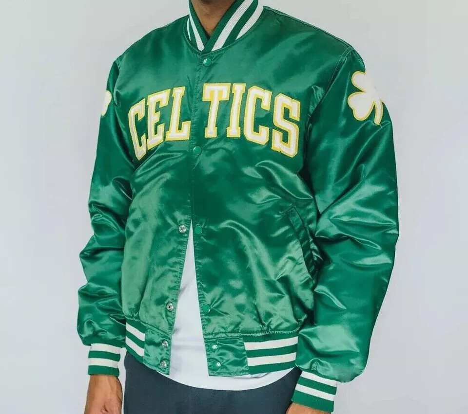 Men’s Boston Celtics Green Satin Varsity Basketball Bomber Men Jacket BNWT