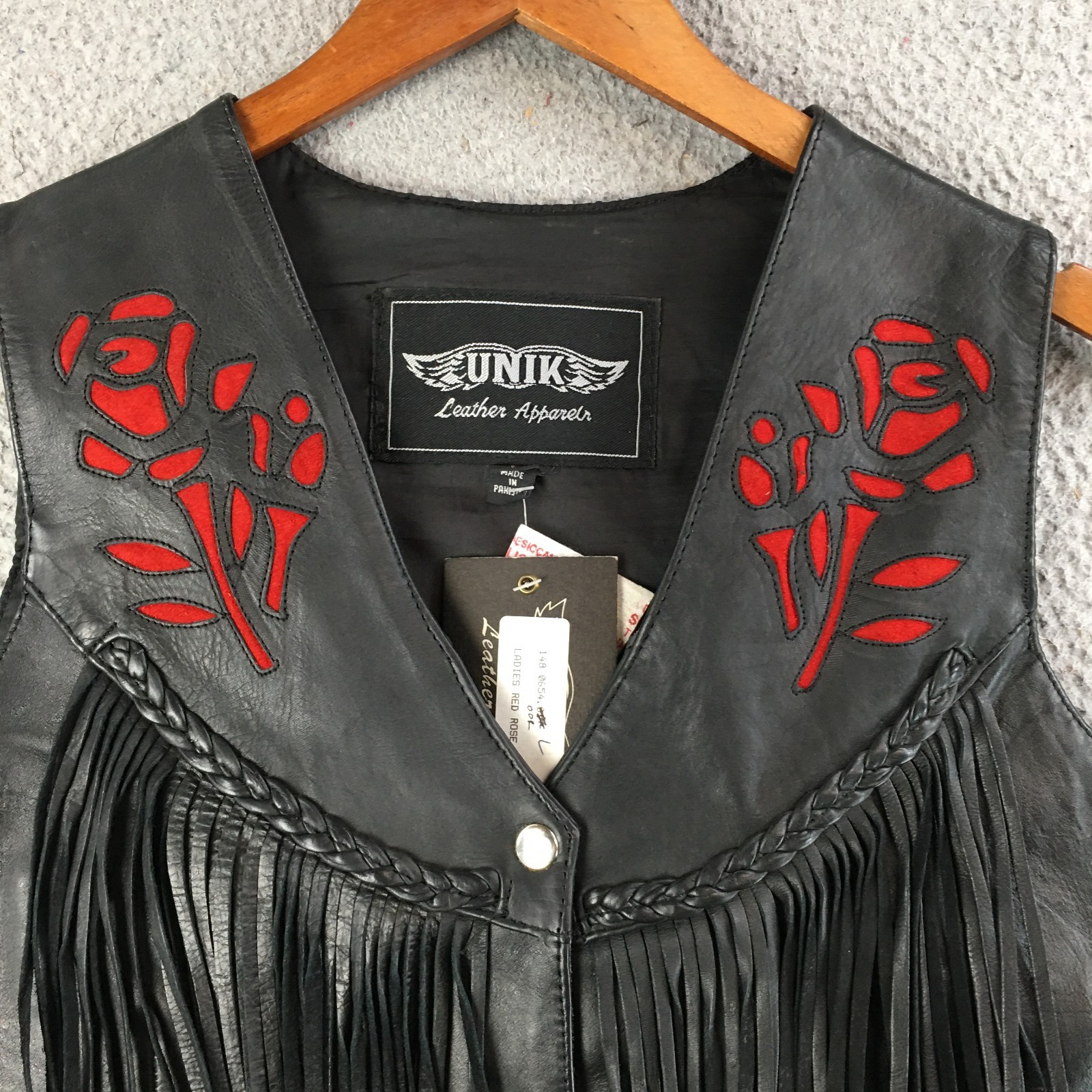 UNIK Vest Womens Large Fringe Leather Rose Applique Biker Dry Clean Black NEW