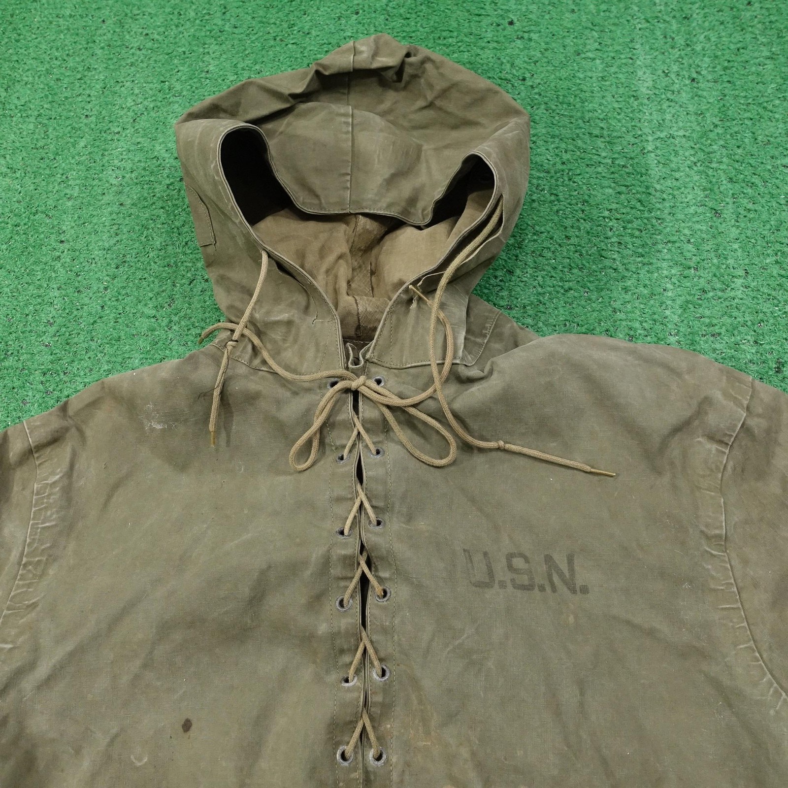 Vintage USN Jacket Medium Green Hooded Anorak Pullover Lace Up Navy Military WW2