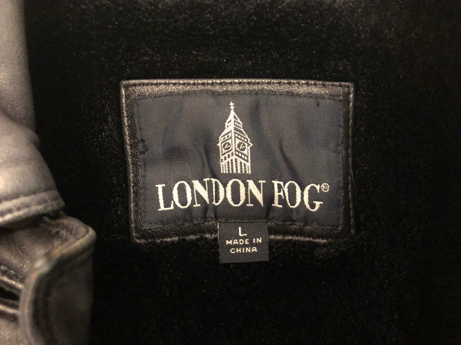 London Fog Men’s Leather Coat Large Four Button Front Black Jacket Fleece Lined